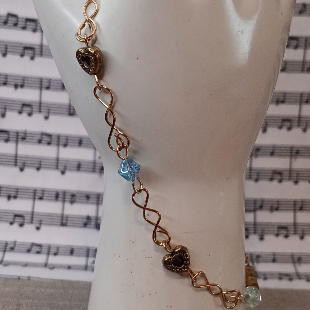 Gold Tone Wire Heart Bead Anklet Ankle Bracelet 10" Long